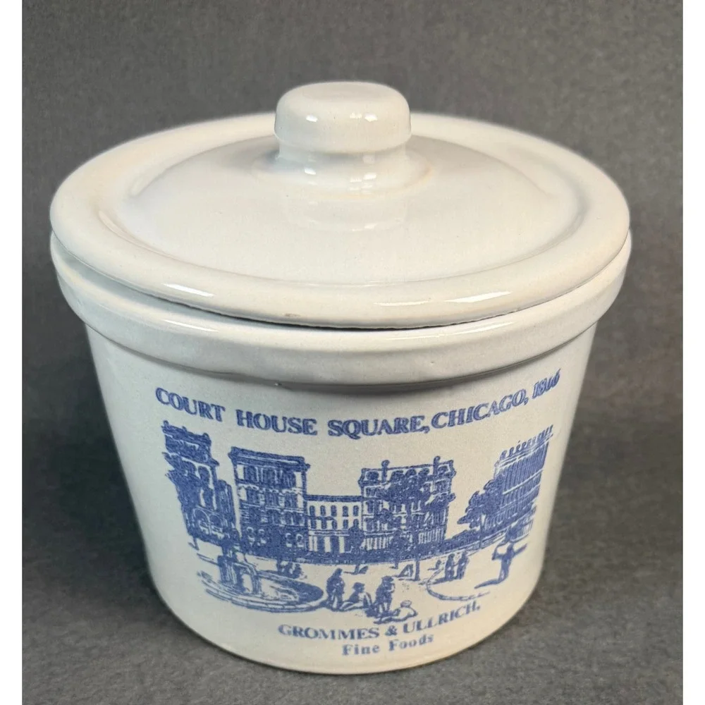 Grommes & Ullrich Fine Foods Chicago‎ 1866 Ceramic Crock with Lid Blue White